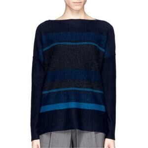 Vince Wool Cashmere Striped Boat Neck Long Sleeve Sweater Blue Gray Casual S